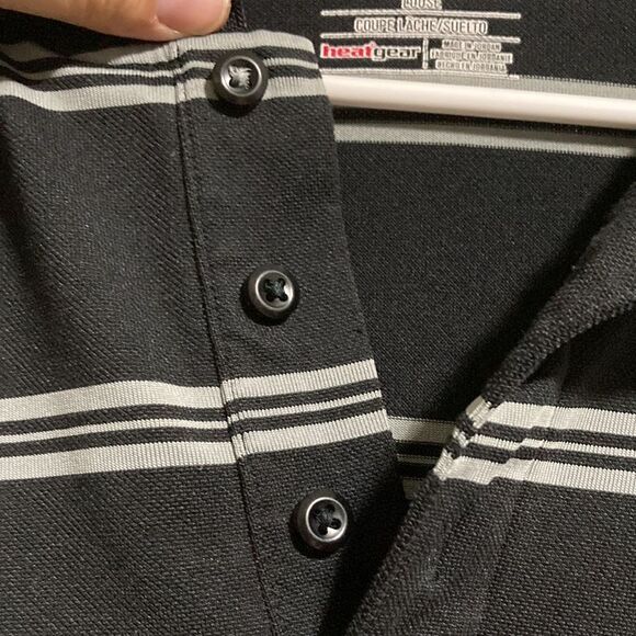 UNDER ARMOUR Black Gray Striped Collar Polo Shirt HeatGear Loose Mens Large - Picture 8 of 15